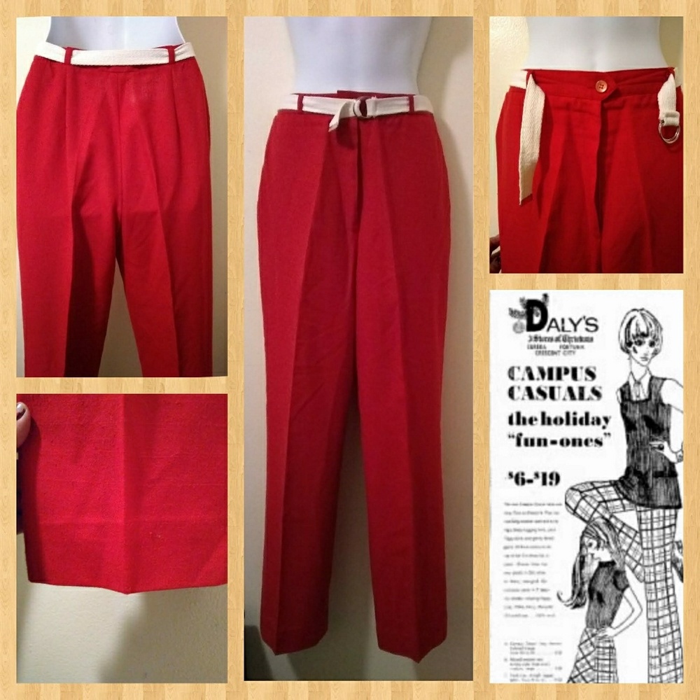 VTG 80s Campus Casuals Belted Red Linen Pants